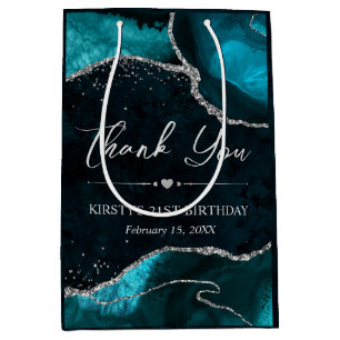 Teal and Silver Faux Glitter Agate Birthday Medium Gift Bag