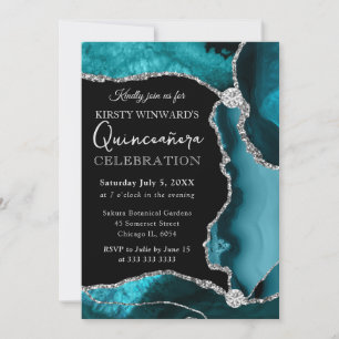 Teal and Silver Faux Glitter Agate Quinceanera Invitation