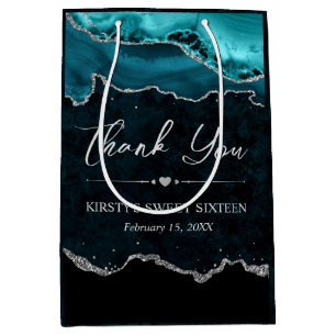 Teal and Silver Faux Glitter Agate Sweet 16 Medium Gift Bag