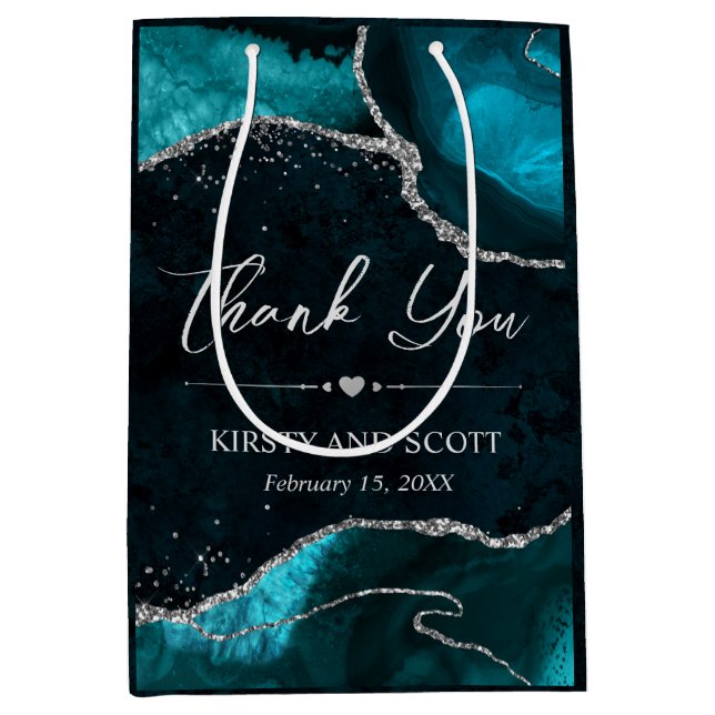 Teal and Silver Faux Glitter Agate Wedding Medium Gift Bag (Front)