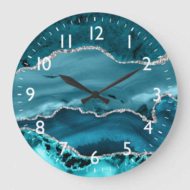 Teal and Silver Faux Glitter Marble Agate Large Clock (Front)