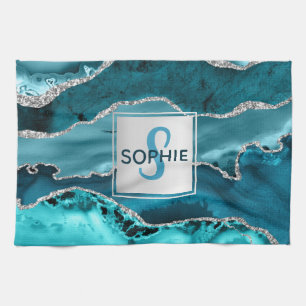Teal and Silver Faux Glitter Marble Agate Monogram Kitchen Towel