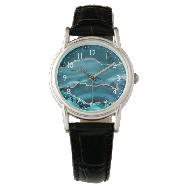 Teal and Silver Faux Glitter Marble Agate Watch (Front)