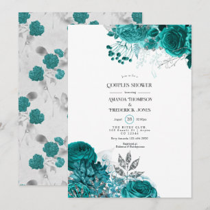 Teal and Silver Floral Couples Shower Invitation