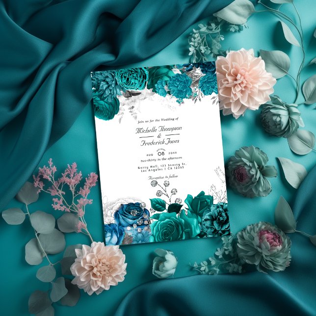 Teal and Silver Floral Wedding QR Code Rsvp Invitation (Creator Uploaded)