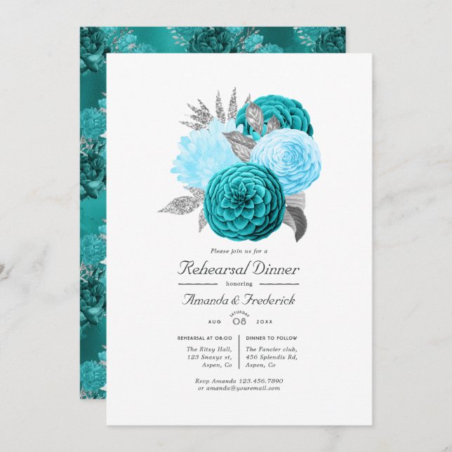 Teal and Silver Floral Wedding Rehearsal Dinner Invitation (Front/Back)