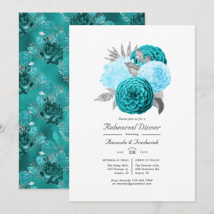 Teal and Silver Floral Wedding Rehearsal Dinner Invitation