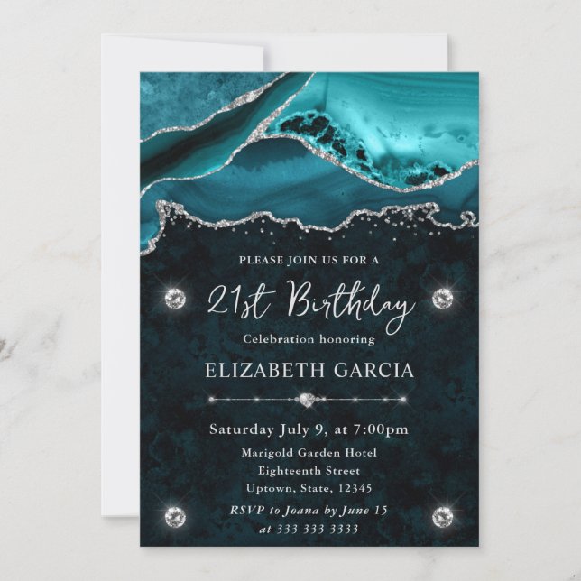 Teal and Silver Glitter Agate 21st Birthday Invitation (Front)