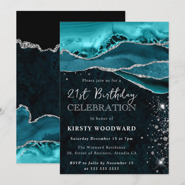 Teal and Silver Glitter Agate 21st Birthday Invitation (Front/Back)