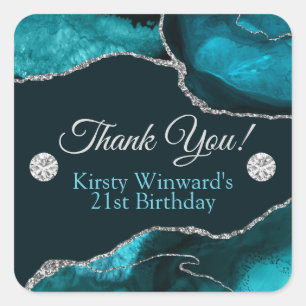 Teal and Silver Glitter Agate Birthday Party Square Sticker