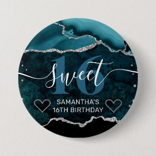 Teal and Silver Glitter Agate Marble Sweet 16 3 Inch Round Button
