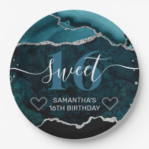Teal and Silver Glitter Agate Marble Sweet 16 Paper Plate