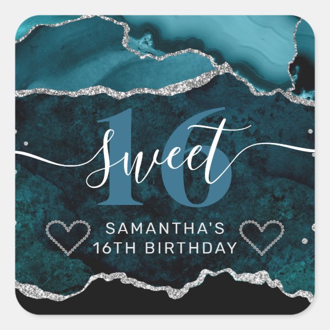 Teal and Silver Glitter Agate Marble Sweet 16 Square Sticker (Front)