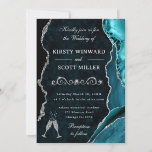 Teal and Silver Glitter Agate & Marble Wedding Invitation