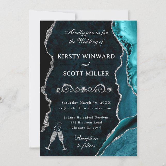 Teal and Silver Glitter Agate & Marble Wedding Invitation (Front)