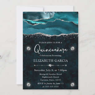 Teal and Silver Glitter Agate Quinceanera Invitation