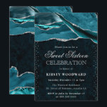 Teal and Silver Glitter Agate Sweet 16 Invitation<br><div class="desc">Deep teal agate bands sweep across the design with natural geode striations, edged in shimmering silver glitter for a luxe, light‑catching finish. Elegant white typography pairs a graceful script “Sweet Sixteen” with refined serif details, set against a rich gemstone backdrop and subtle dotted highlights for extra sparkle. The mood is...</div>