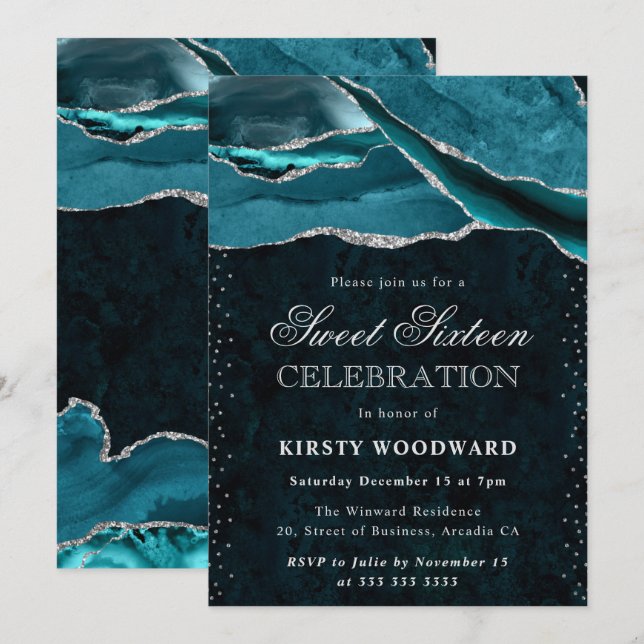 Teal and Silver Glitter Agate Sweet 16 Invitation (Front/Back)