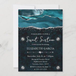 Teal and Silver Glitter Agate Sweet 16 Invitation