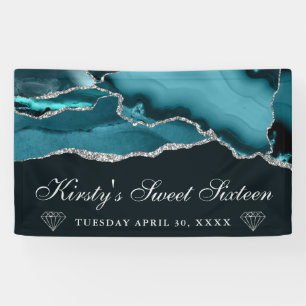 Teal and Silver Glitter Agate Sweet Sixteen Banner