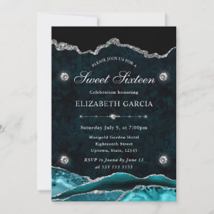 Teal and Silver Glitter Agate Sweet Sixteen Invitation