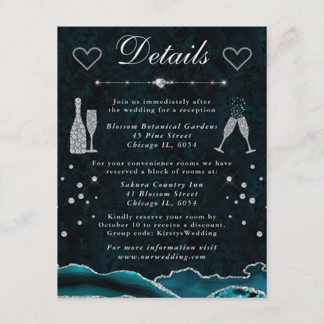 Teal and Silver Glitter Agate Wedding Details Enclosure Card (Front)