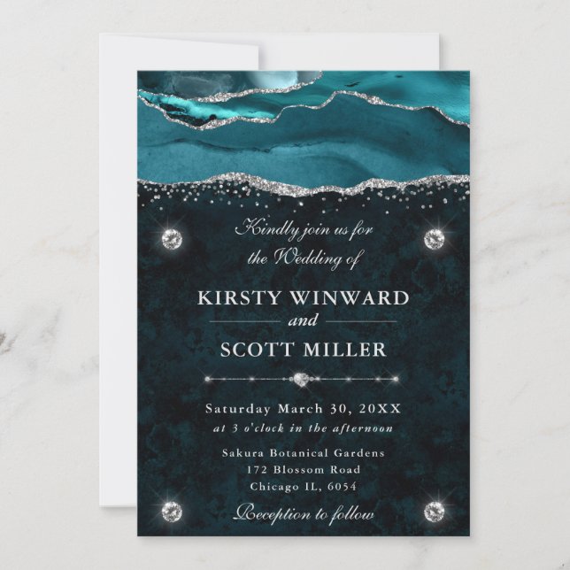 Teal and Silver Glitter Agate Wedding Invitation (Front)
