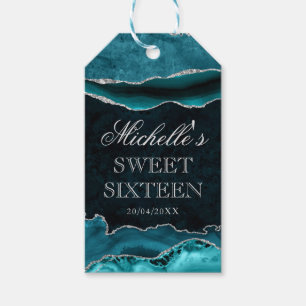 Teal and Silver Glitter Marble Agate Sweet 16 Gift Tags