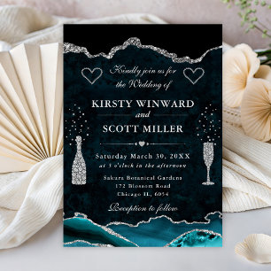 Teal and Silver Glitter Marble Agate Wedding Invitation