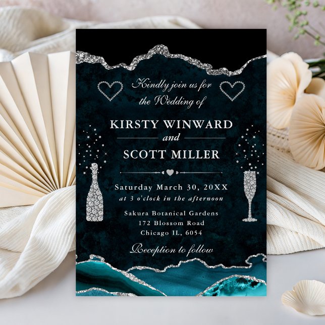 Teal and Silver Glitter Marble Agate Wedding Invitation (Creator Uploaded)