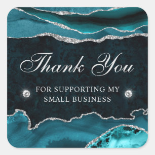 Teal and Silver Glitter Marble Small Business Square Sticker