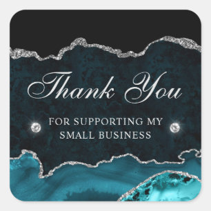 Teal and Silver Glitter Marble Small Business Square Sticker