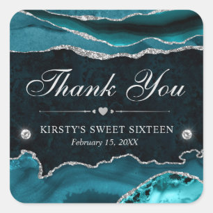 Teal and Silver Glitter Marble Sweet Sixteen Square Sticker