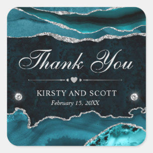 Teal and Silver Glitter Marble Wedding Square Sticker