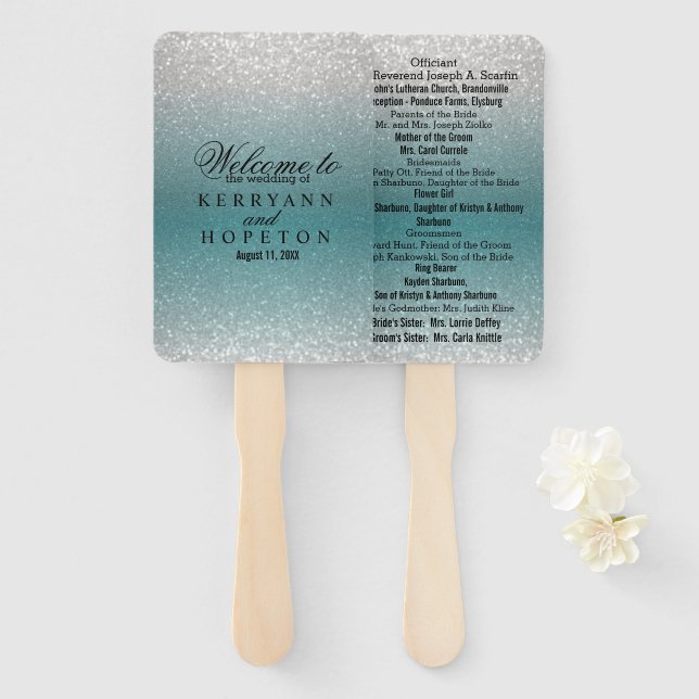 Teal and Silver Glitter - Program Hand Fan (Front and Back)