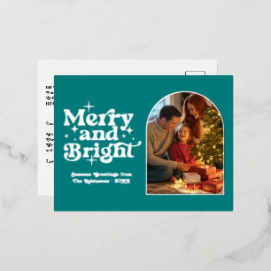 Teal and Silver Merry & Bright Retro Christmas Foil Holiday Postcard