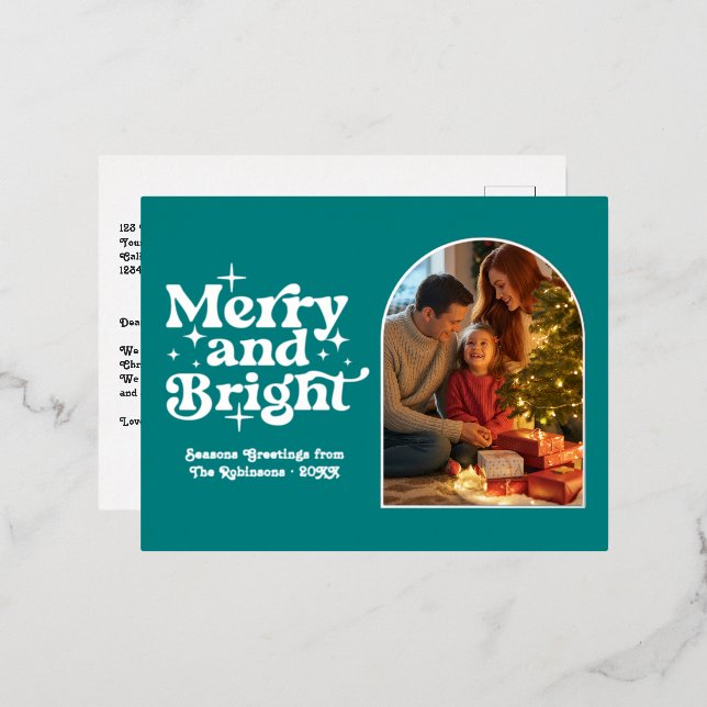 Teal and Silver Merry & Bright Retro Christmas Foil Holiday Postcard (Front/Back)