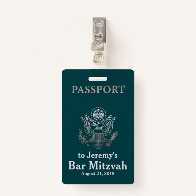 Teal and Silver Passport Bar Mitzvah Party Badge (Front with Clip)