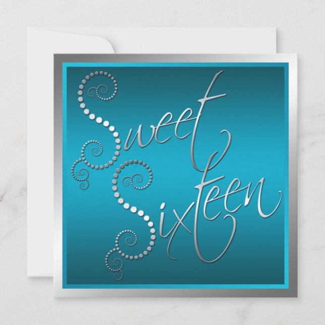 Teal and Silver Pearls Sweet Sixteen Invitation (Front)