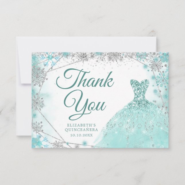 Teal and Silver Snowflake Winter Mis XV Anos Thank You Card (Front)