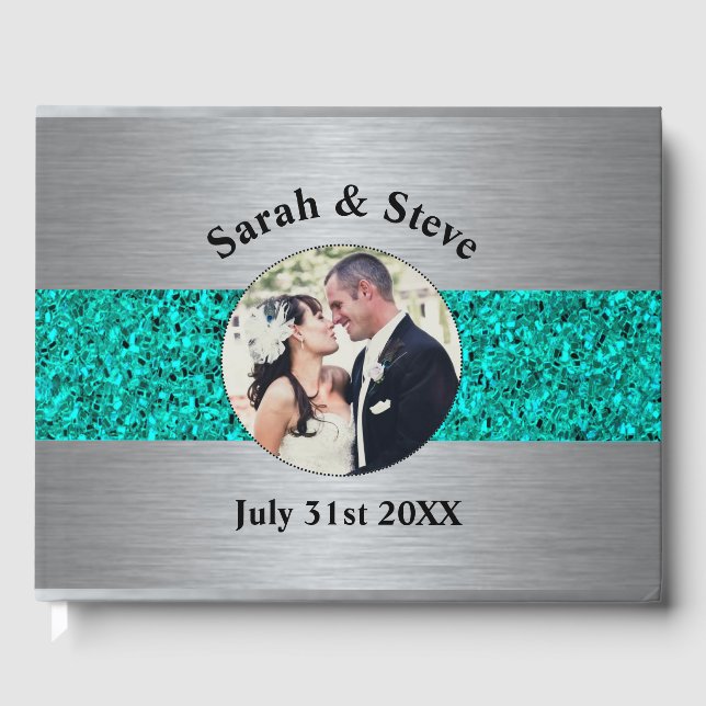 Teal and Silver Sparkle Wedding Photograph Guest Book (Front)