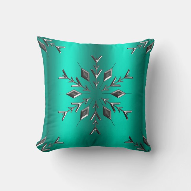 Teal and Silver Star Christmas Throw Pillow (Front)