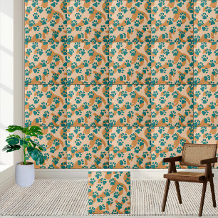 Teal and Tan Paw Print Pattern Tile