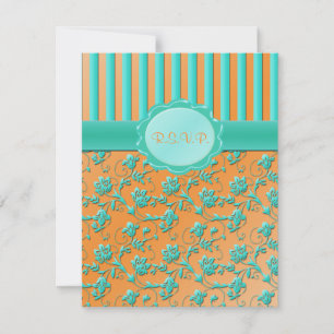 Teal and Tangerine Floral Stripe R.S.V.P. Card