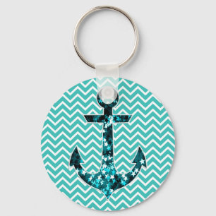 Teal and Turquouise Chevron Nautical Anchor Keychain