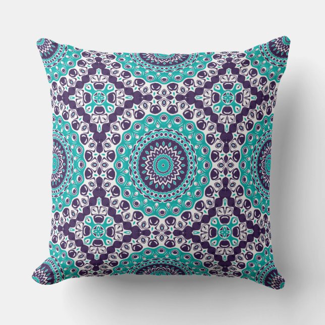 Teal and Violet Mandala Pattern Design Throw Pillow (Front)