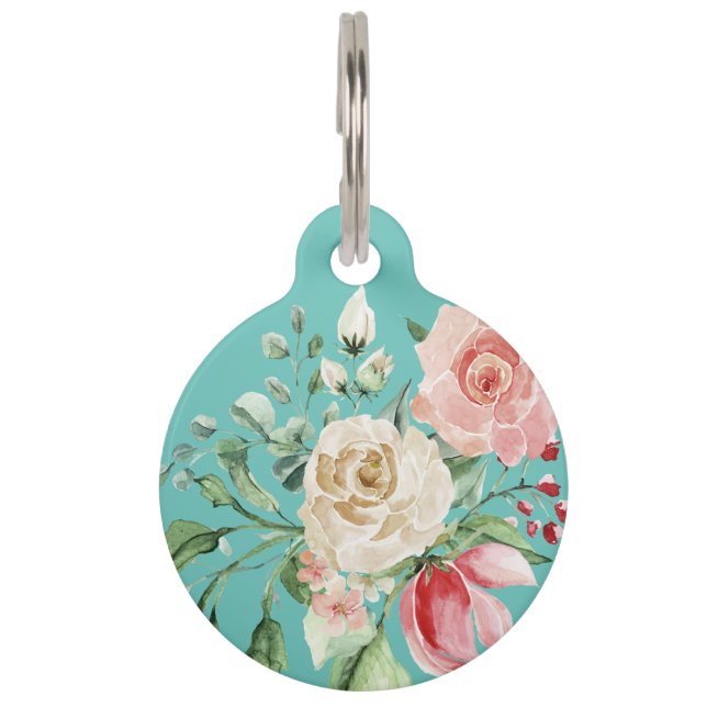 Teal and watercolour floral pet tag (Front)