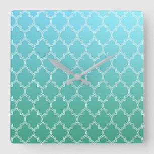 Teal and White Abstract Geometric Pattern  Square Wall Clock