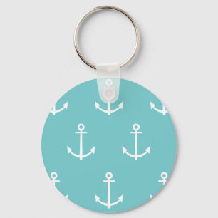Teal and White Anchors Pattern 1 Keychain