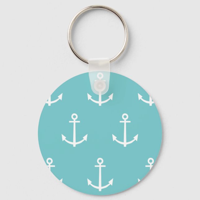 Teal and White Anchors Pattern 1 Keychain (Front)